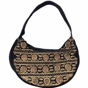 Vintage Cotton Beaded Sequin Bag Made In India Purse Black Gold